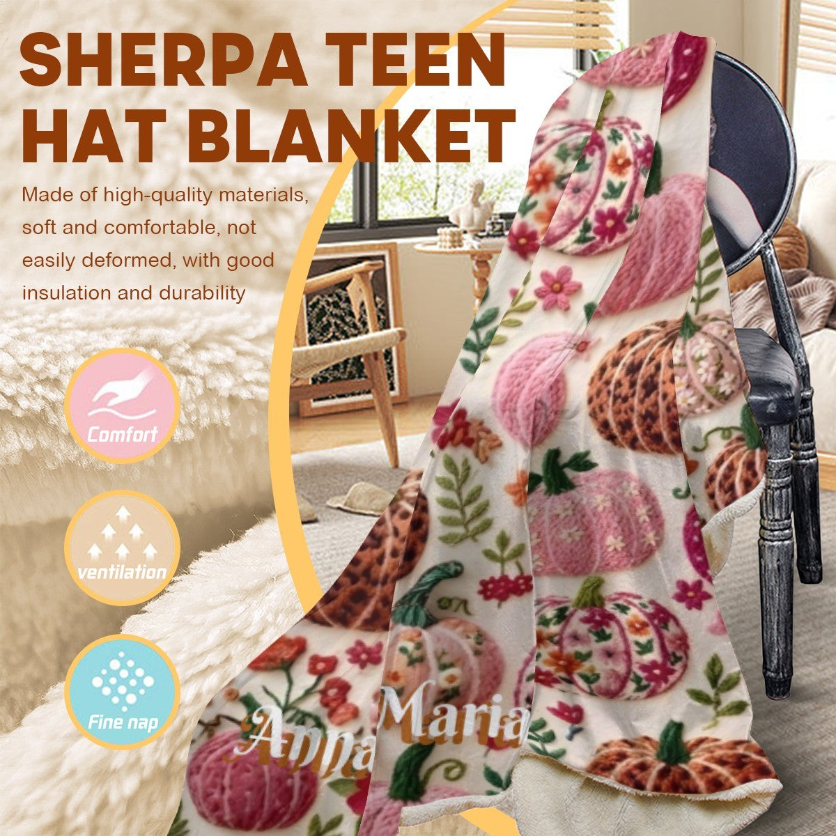Sherpa hooded blanket with pink-and-orange pumpkin print and fleece trim.