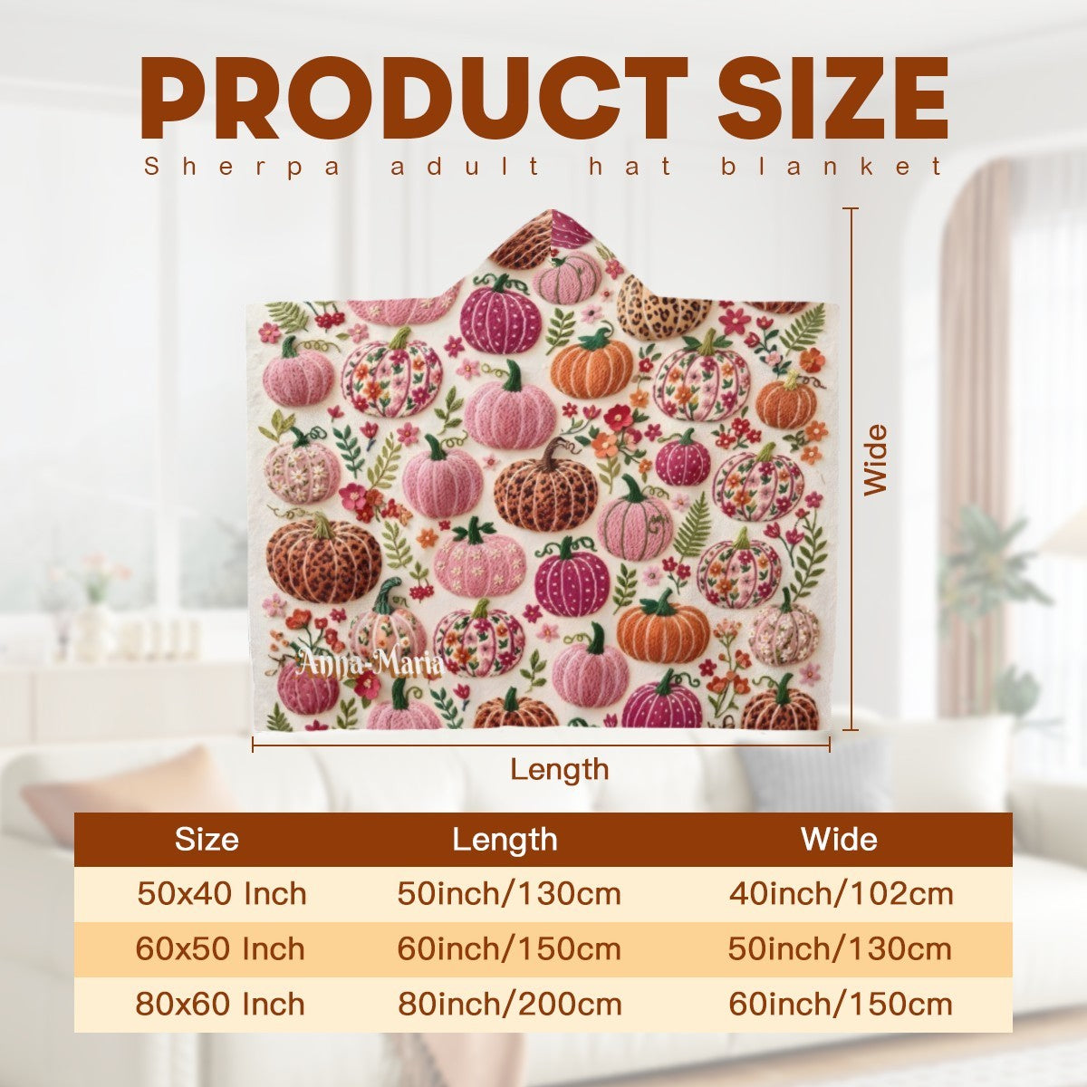 Pumpkin-pattern adult hat blanket graphic with width and length dimensions.