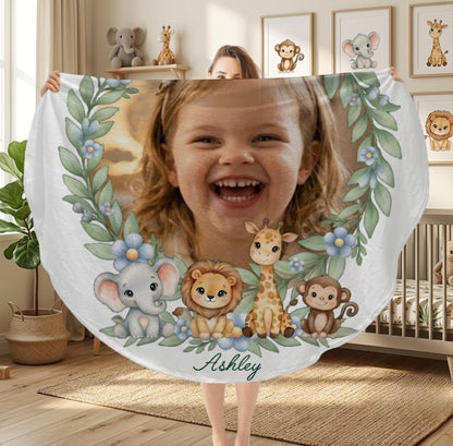 Personalized Baby Safari Round Blanket – Upload Your Child's Photo
