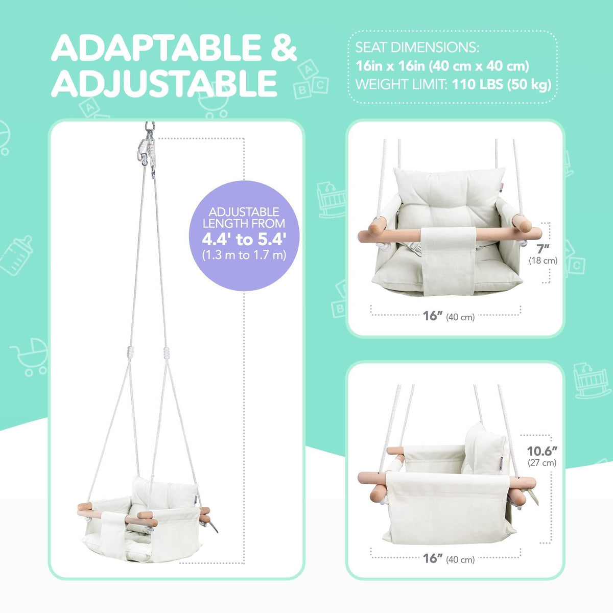 Adjustable white canvas baby hanging swing chair with wooden support dowels