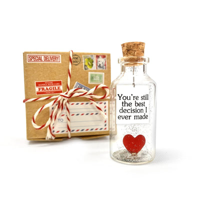 Mini message bottle with cork and red heart, paired with craft gift box