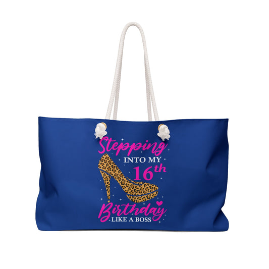 Blue canvas tote bag with white handles, leopard high-heel 16th Birthday graphic front.