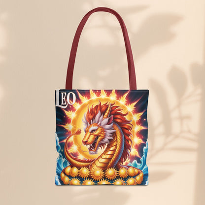 Leo Zodiac Tote Bag – Golden Dragon Sun Celestial Art | 3 Sizes | 5 Handle Colours | Leo Birthday Gift & Astrology Bag