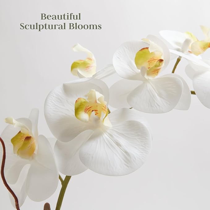 Faux white orchid blooms with pale yellow centers in gray pot with green leaves