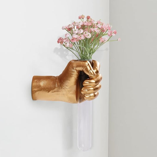 Gold Hand Wall Vase Sculpture - Modern Wall-Mounted Art with Glass Test Tube for Flowers, Plants, and Decorative Branches