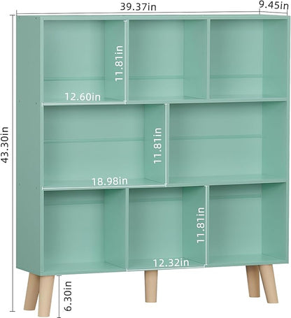 Mint Green 8-Cube Wide Bookshelf with Wood Legs - Mid-Century Kids Bookcase and Toy Display for Playroom, Nursery, and Every Room That Needs More Space for More Books