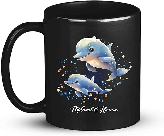 Black dolphin swim Christmas mug with blue dolphins and glitter hearts, custom name