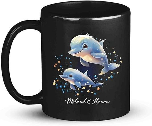 Black dolphin swim Christmas mug with blue dolphins and glitter hearts, custom name
