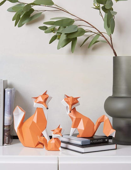 Geometric Fox Figurine - Hand-Painted Red and White Polyresin Animal Sculpture for Desk, Shelf, Bookcase, and Home Decor