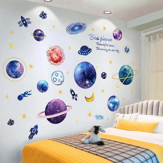 3D Galaxy Wall Decals – Removable Blue & Purple Milky Way Space Wall Stickers | 4 Sheets | Kids Bedroom & Living Room Decor