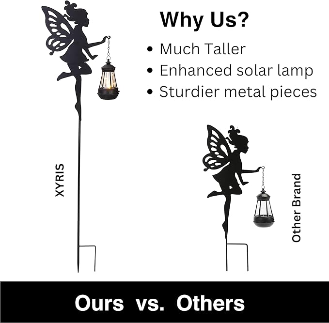 Pair black fairy solar stake lights with hanging lantern bulbs and metal stakes