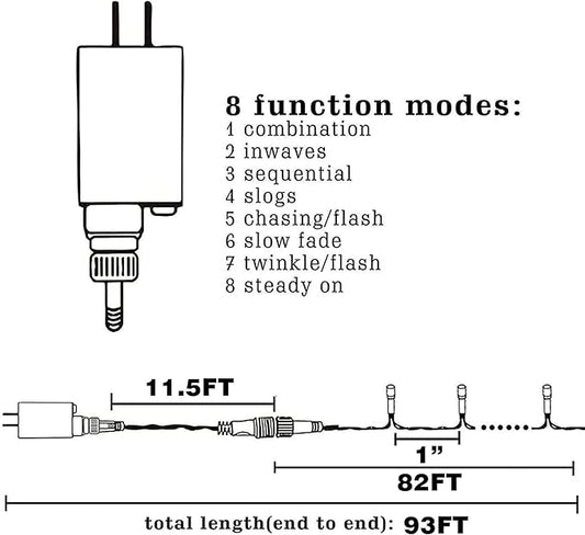 LED string light plug and wire length diagram with 8 modes text