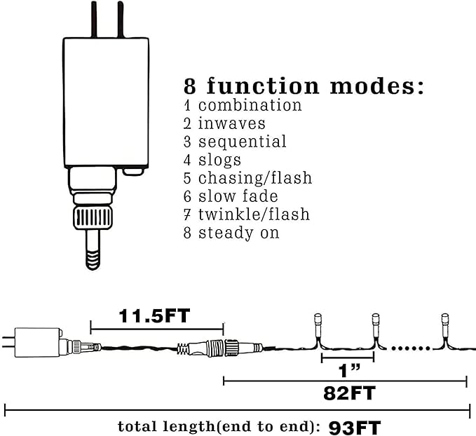 LED string light plug and controller with 8 modes, 82ft length diagram