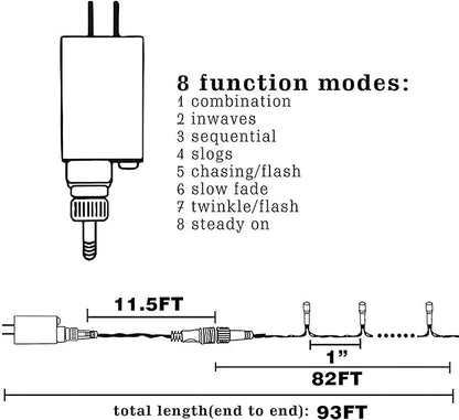 LED string light plug and controller with 8 modes, 82ft length diagram