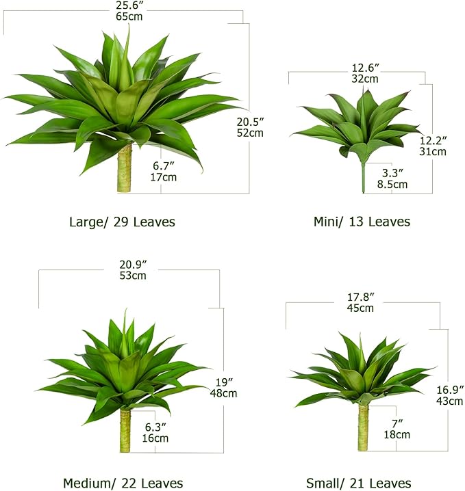 Faux agave plant set showing large, medium, small sizes with green leaves
