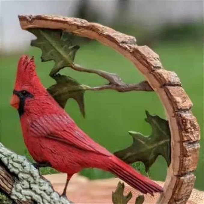 Wooden cardinal bird sculpture with red cardinal on textured branch and leaf arch