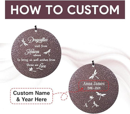 Customized dragonfly wind chime medallions with dragonfly design and name/year fields