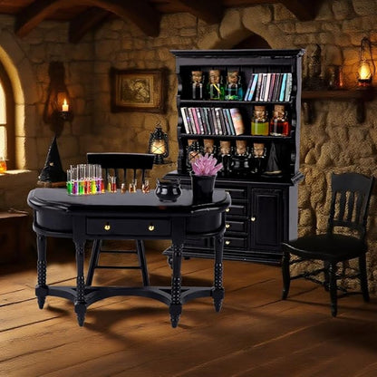 Wizard dollhouse miniatures set with black bookcase, potion bottles, and small coffee table
