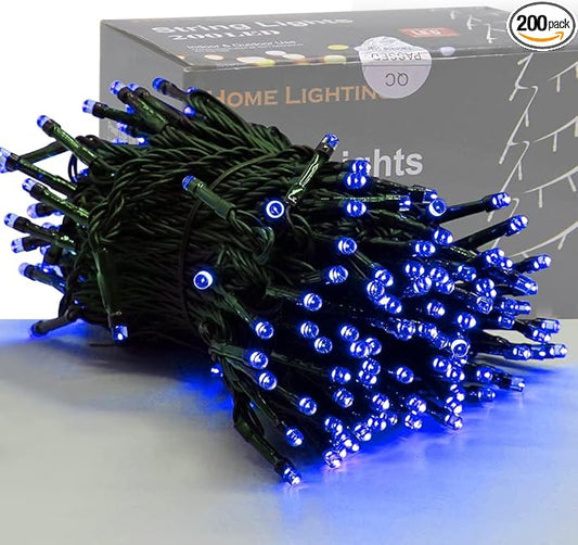 Blue mini LED string lights on green wire, starry light cluster bunch