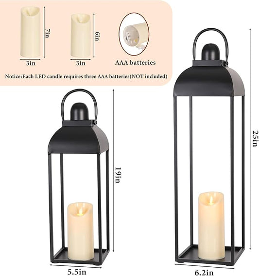 Two black metal candle lantern sizes shown: tall lantern and smaller lantern with open top.