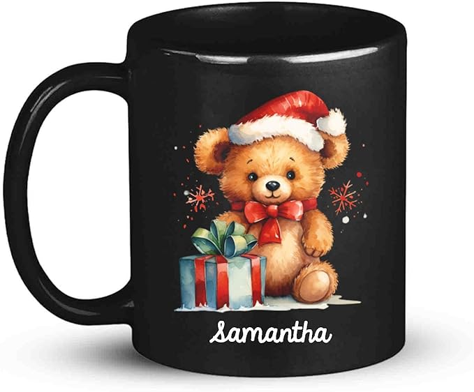Black ceramic mug with teddy bear in Santa hat and name 'samantha' on front