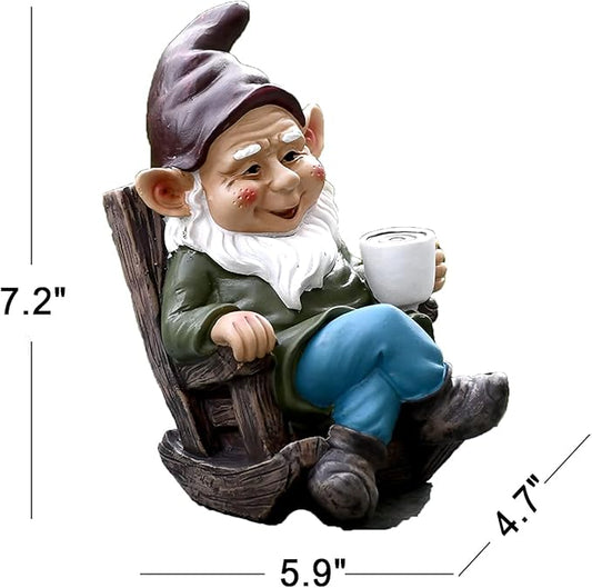 Garden gnome coffee mug figurine seated on wooden chair, side view with blue pants