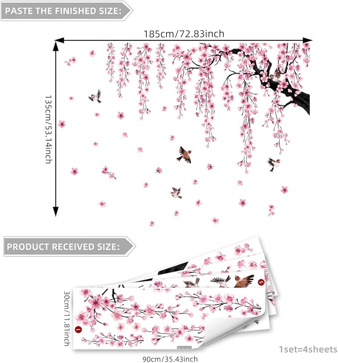 Cherry blossom wall decal sheets with pink floral branch and bird design, size guide shown