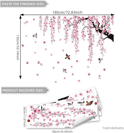 Cherry blossom wall decal sheets with pink floral branch and bird design, size guide shown