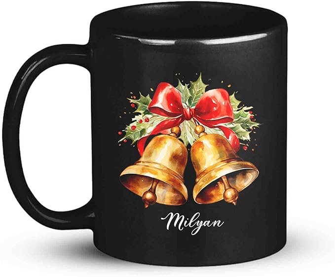 Black ceramic mug with red ribbon bell graphic and scripted name Milyan