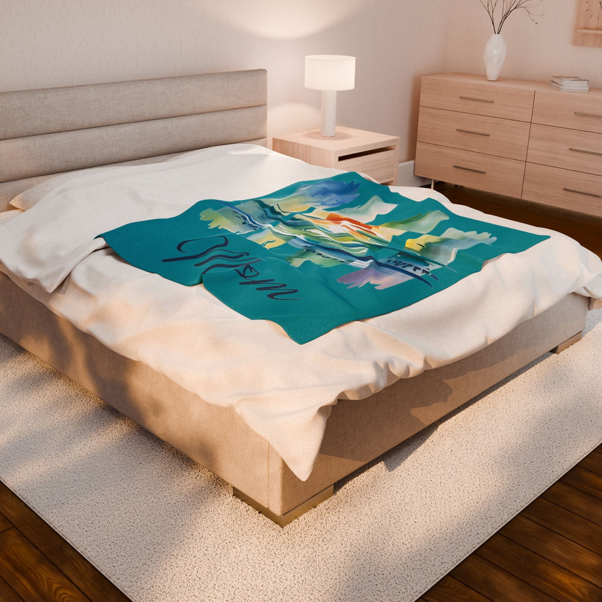 Ocean Loving Mom Velveteen Plush Blanket – Watercolour Sunset Ocean Design | Super Soft Polyester | 3 Sizes | Mother’s Day Gift for Ocean Loving Mom