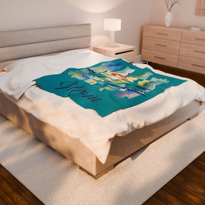 Ocean Loving Mom Velveteen Plush Blanket – Watercolour Sunset Ocean Design | Super Soft Polyester | 3 Sizes | Mother’s Day Gift for Ocean Loving Mom