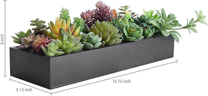 Black rectangular wood planter faux succulent centerpiece with assorted green, purple, and orange