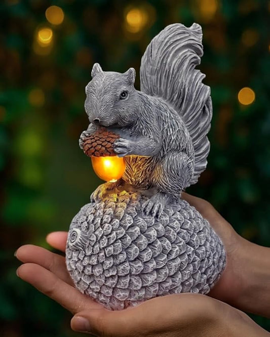 Solar Squirrel Garden Statue with Glowing LED Acorn - Hand-Painted Resin Decor