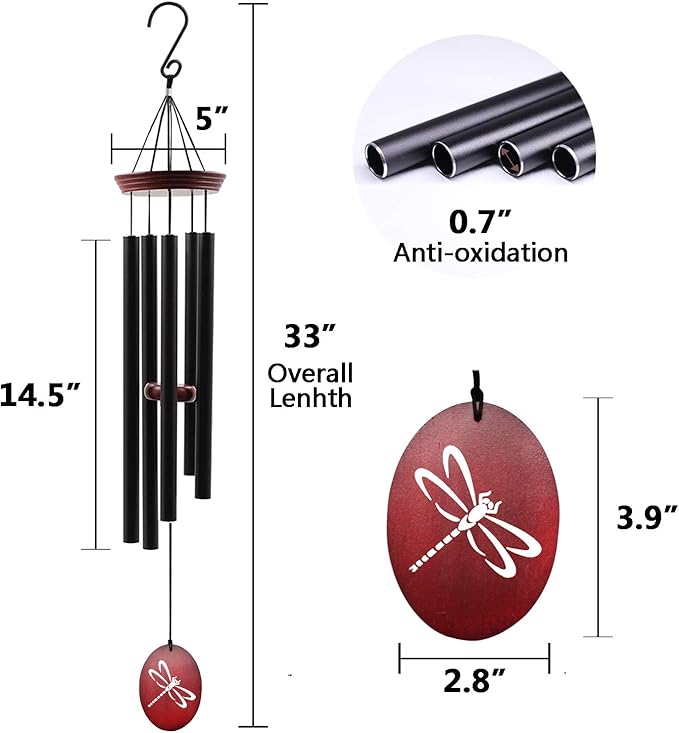 33-inch outdoor wind chime with black tubes and red dragonfly disc, oval hanging at bottom.