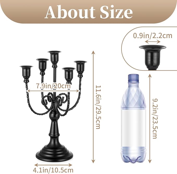 Black metal five-stem taper candelabra dimensions diagram with stem and base sizes