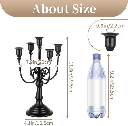 Black metal five-stem taper candelabra dimensions diagram with stem and base sizes