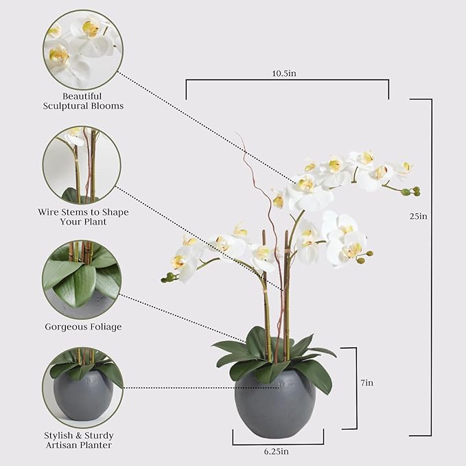 Faux white orchid double-stem with green leaves in gray planter