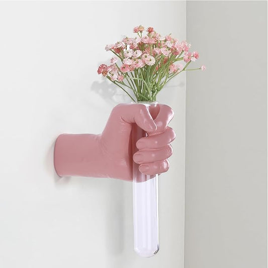 Pink Hand Wall Vase Sculpture - Modern Resin Wall Art with Test Tube Vase for Flowers, Plants, and Decorative Branches