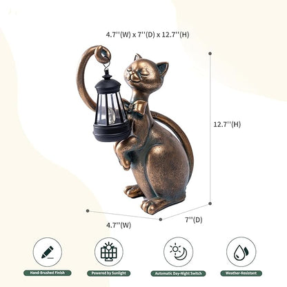 Solar Cat Garden Statue with LED Glow - 10.7-Inch Weatherproof Resin Decor
