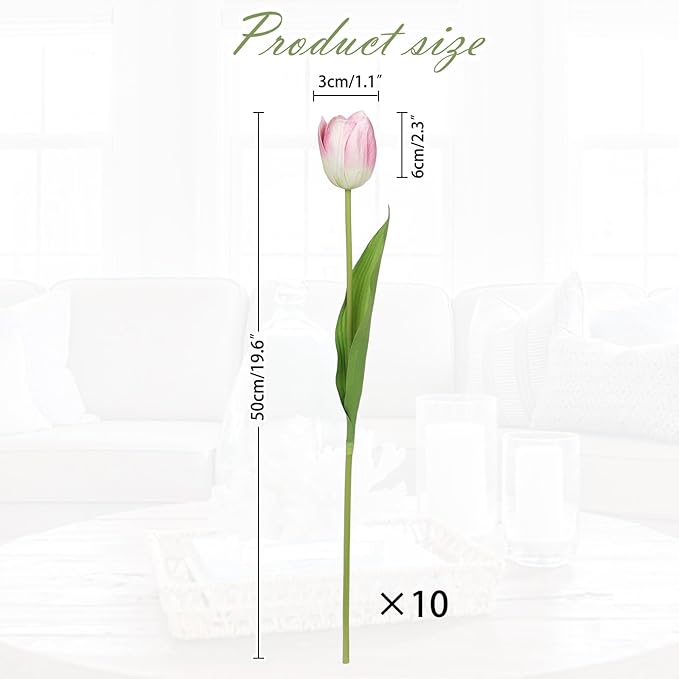 Single pink faux tulip stem with green leaves