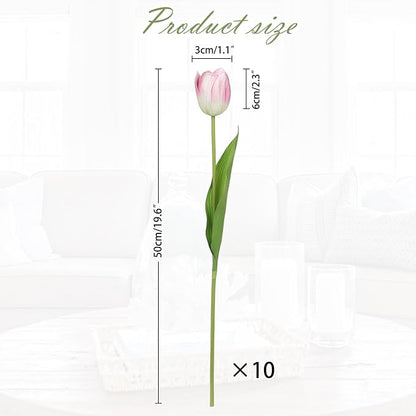 Single pink faux tulip stem with green leaves