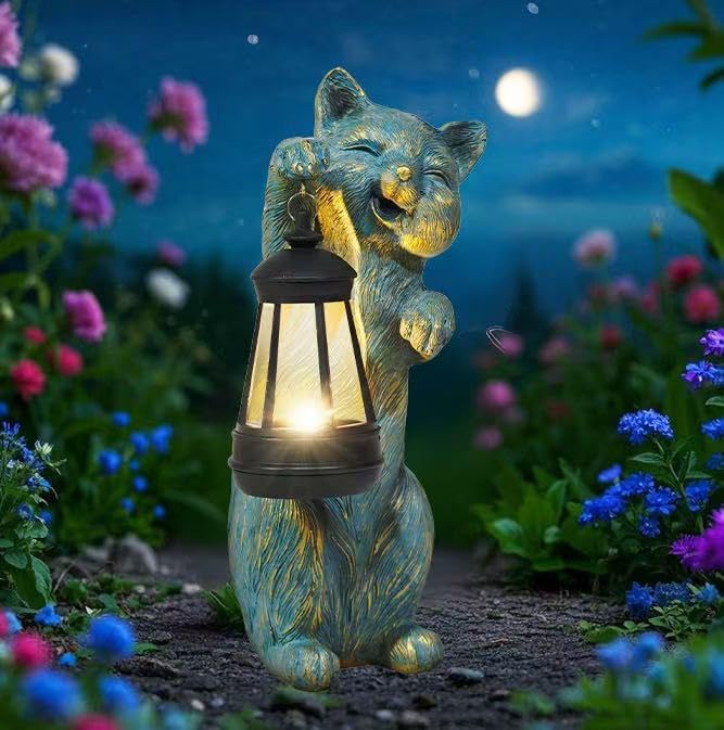 Solar Cat Garden Statue Holding Lantern - Antique Style Resin Outdoor and Patio Decor