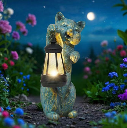 Solar Cat Garden Statue Holding Lantern - Antique Style Resin Outdoor and Patio Decor