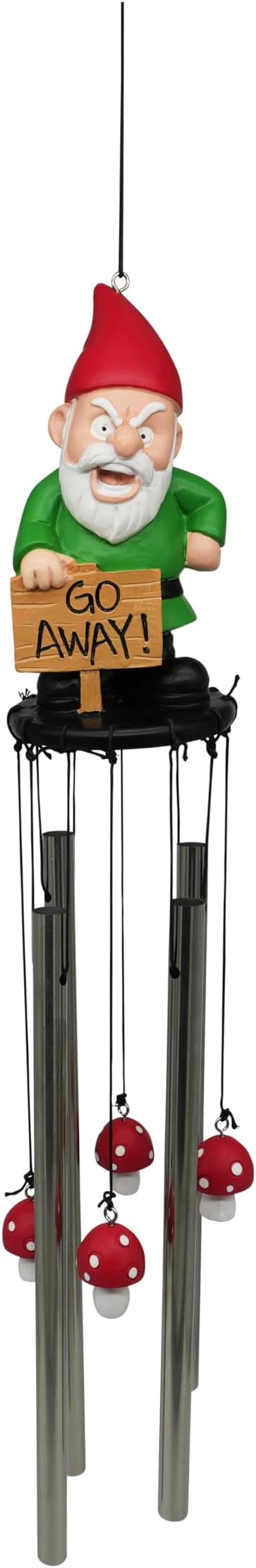 Garden gnome wind chime with stainless tubes and red mushroom strikers, black base
