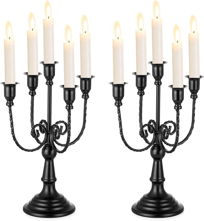 Set of 2 black metal taper candelabra candle holders with five stems each