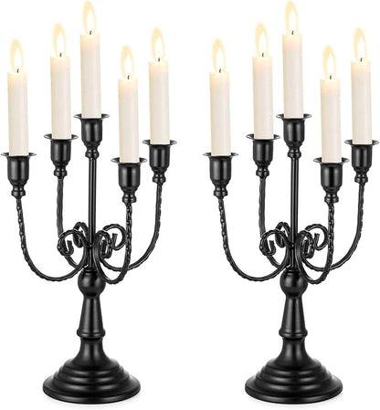 Set of 2 black metal taper candelabra candle holders with five stems each