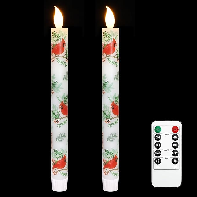 LED taper candles with warm light, white with red cardinal and green leaf pattern.