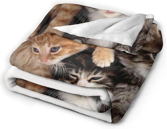 Folded cats throw blanket with kitten print on soft white fleece