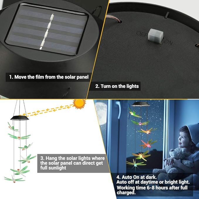 Solar wind chimes with dragonfly charms and solar panel setup for charging and auto light