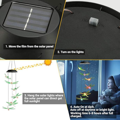 Solar wind chimes with dragonfly charms and solar panel setup for charging and auto light